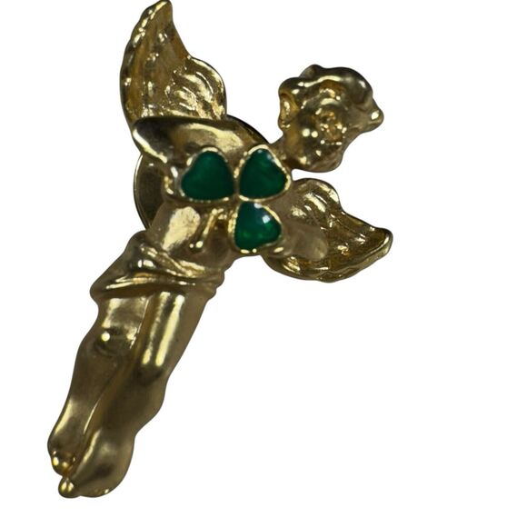Lucky Angel Pin Holding Shamrock Clover Gold Tone Lapel - Picture 1 of 6